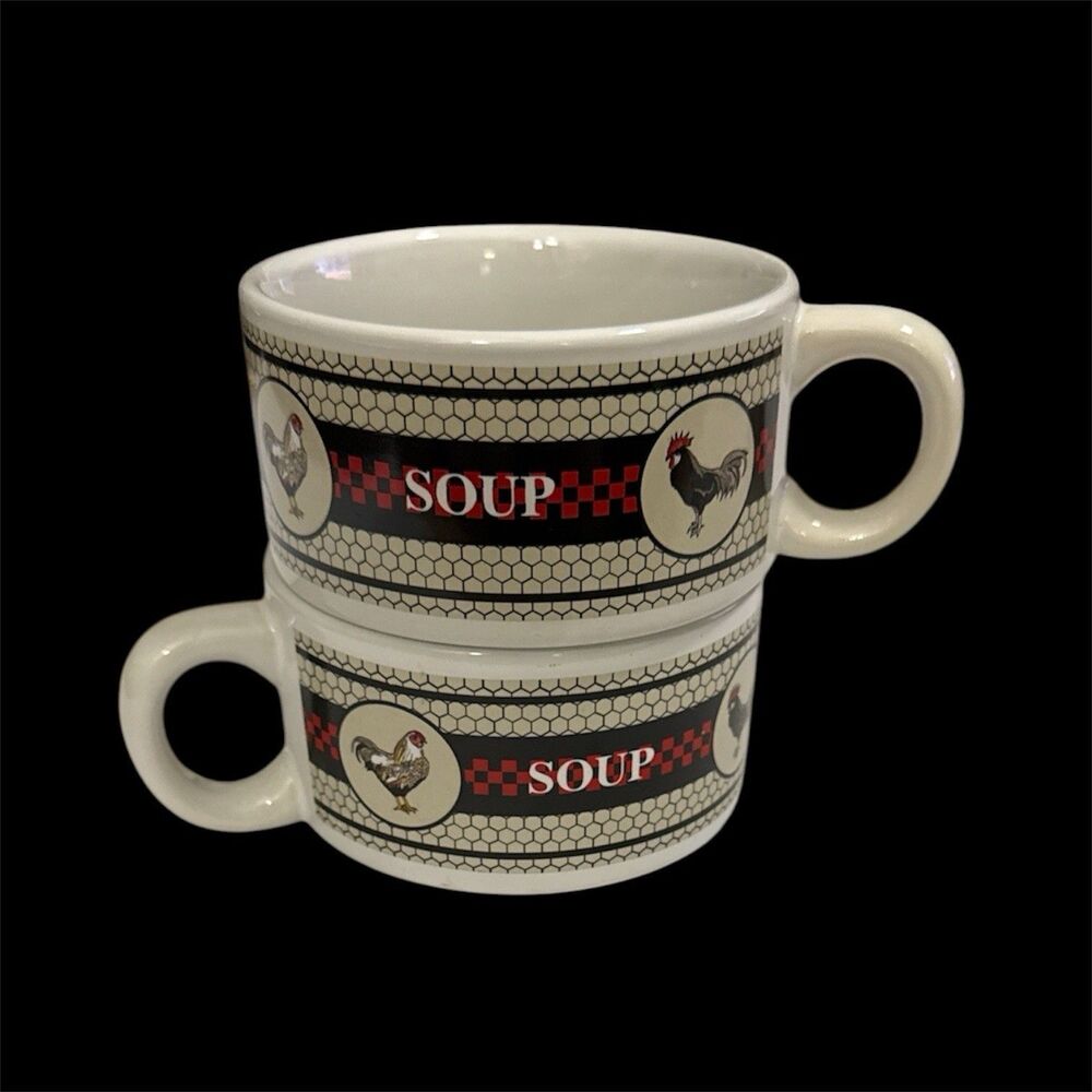 Houston Harvest Rooster Soup Mugs - Set of 2 - Farmhouse Kitchen Ceramic